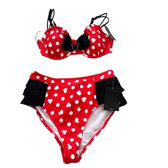 Disney Minnie Mouse Polka Dot Print Bikini Swim Suit Top bottoms Hot Topic Sz M - Picture 1 of 5